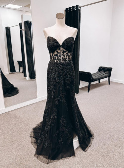Black Mermaid Tulle Strapless Appliques Prom Dress